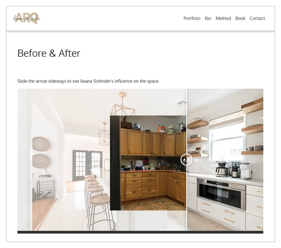 Before and after slider comparing a dated wood kitchen with a bright modern renovation
