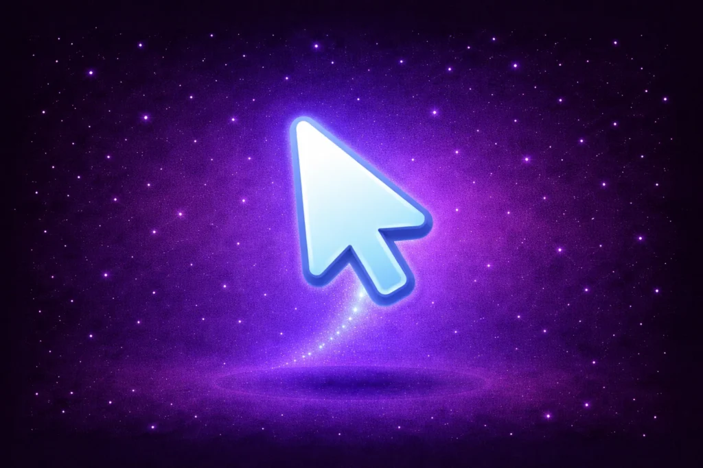 Blue cursor icon floating on a purple starry background