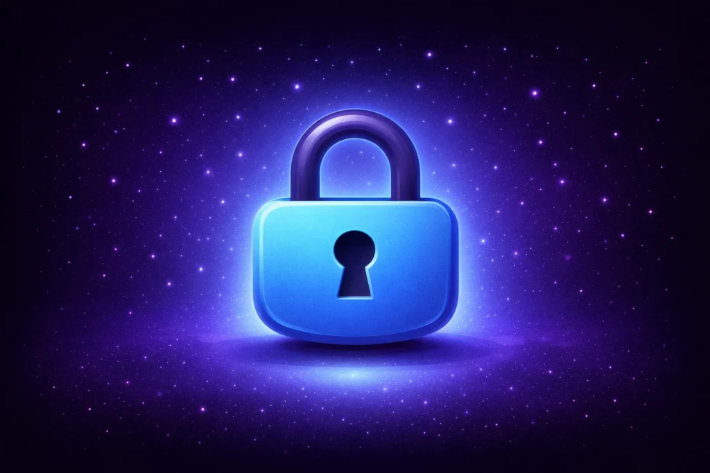 Glowing blue padlock on a starry purple background, symbolizing digital security for businesses
