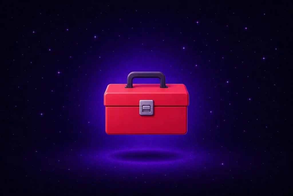 Red toolbox floating over a dark background, symbolizing digital business tools