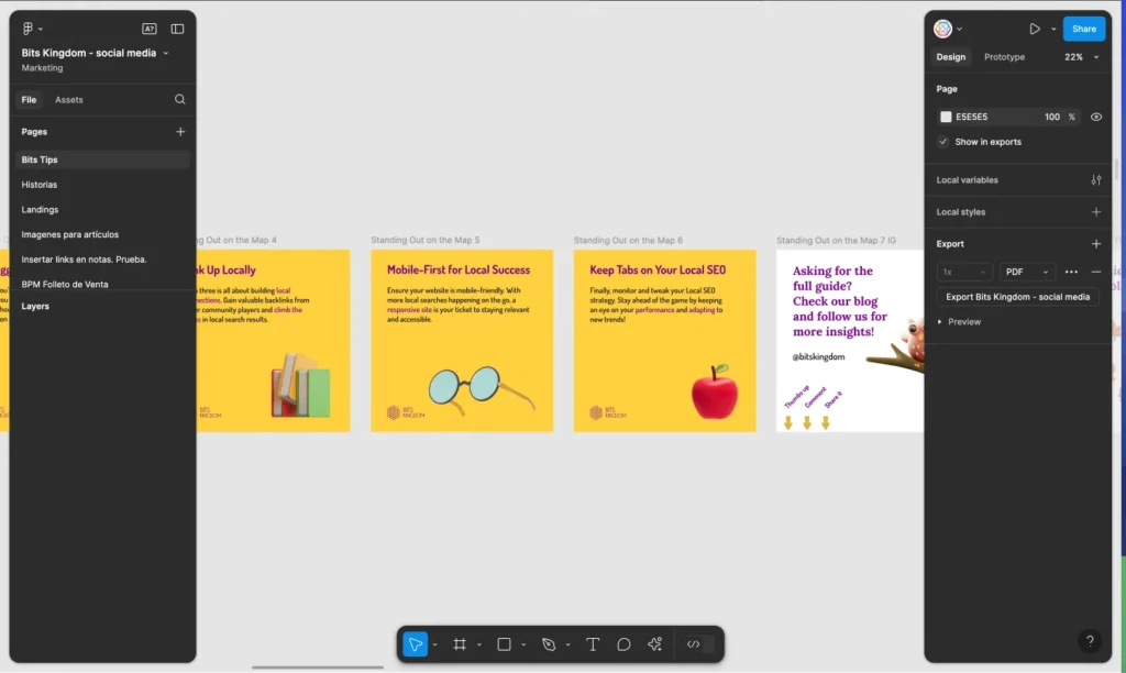 Figma canvas with floating social media artboard panels for Bits Kingdom Bits Tips graphics