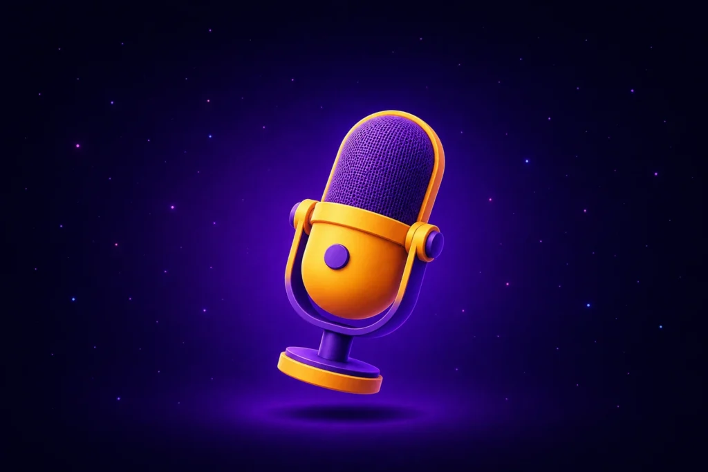 Retro-inspired microphone floating in a starry cosmic scene, featuring a warm yellow body, purple accents, and soft ambient lighting.