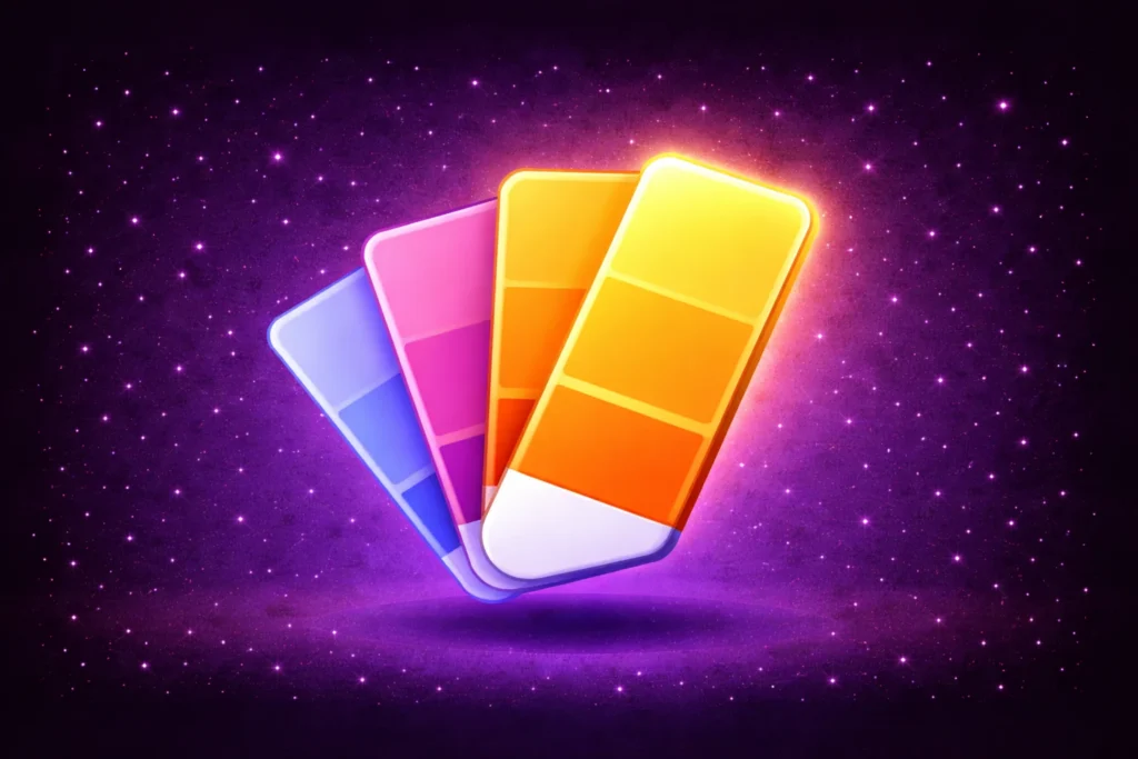 Fan of glowing color swatches floating on a starry purple background, symbolizing the designer's role choosing color and craft