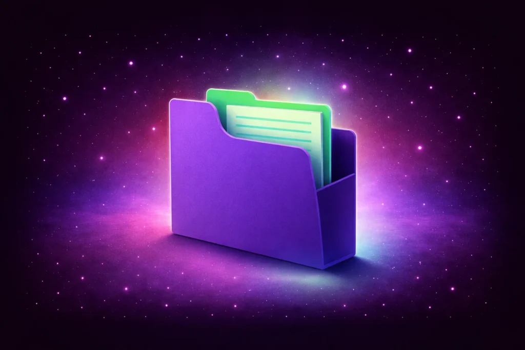 A purple folder with green pages inside representing the company data