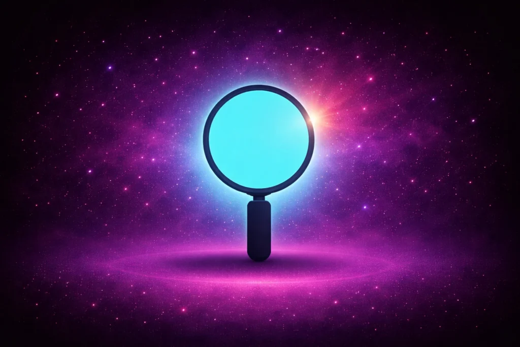 Cyan-glowing magnifying glass on a starry purple background, symbolizing knowing and finding your customers