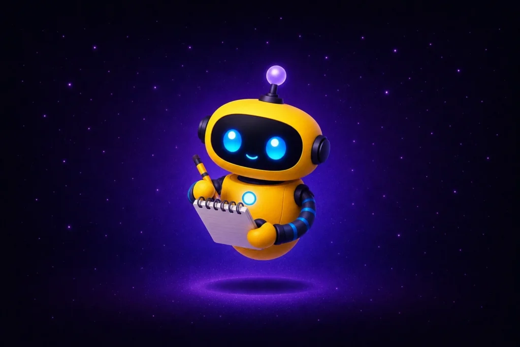 Friendly yellow robot taking notes with a pencil against a starry purple background, representing the AI and software developers debate