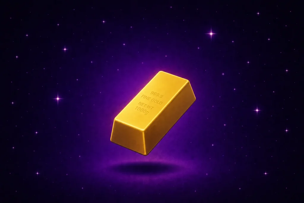 A stylized gold bar floating against a deep purple starry background, illuminated by soft overhead light with a subtle violet halo, creating a premium futuristic look.