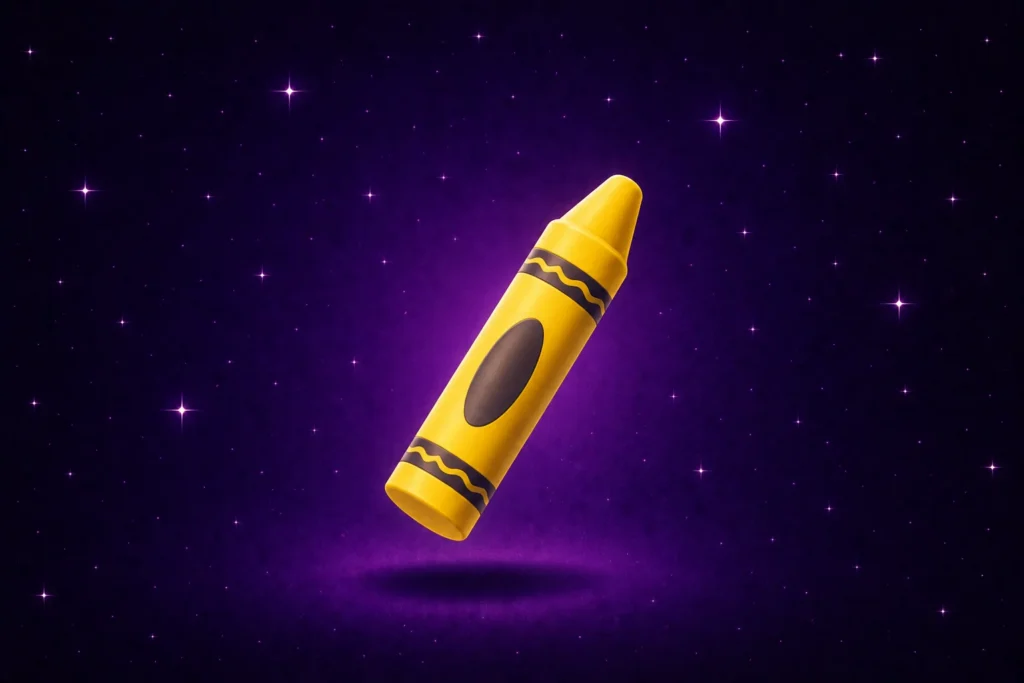 Yellow crayon floating on a starry purple background, symbolizing creative interface design