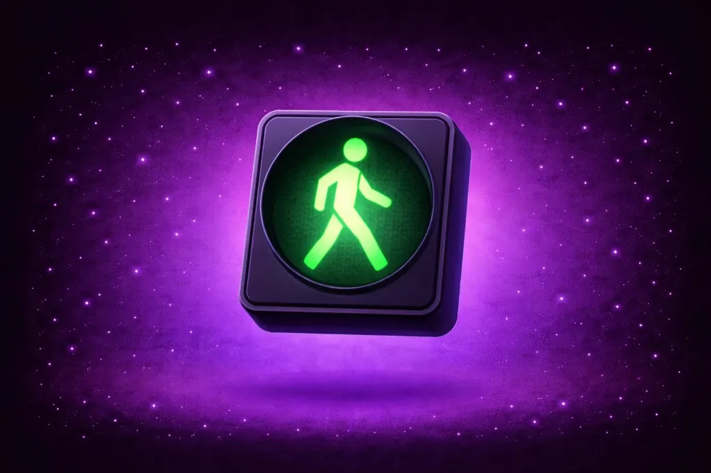 Green pedestrian walk signal glowing on a purple starry background