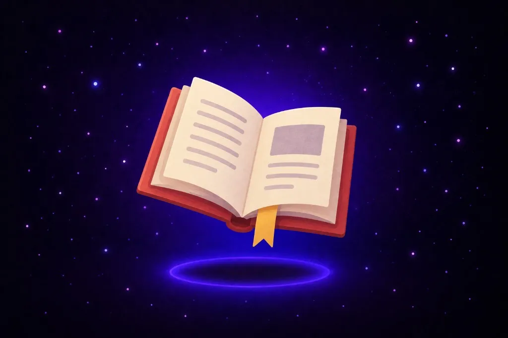 Open burgundy book with a yellow bookmark floating over a glowing purple ring in starry space