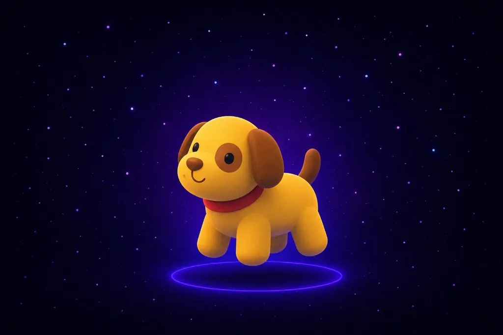 Cartoon golden puppy with a red collar floating above a glowing purple ring in space, like a ChatGPT WhatsApp sticker