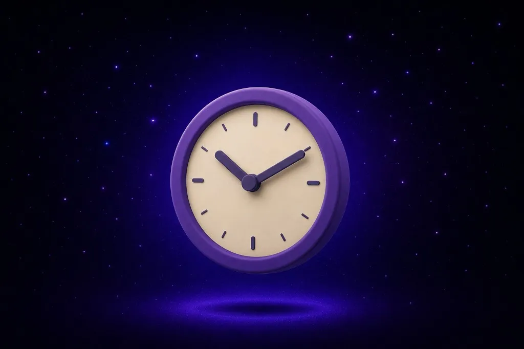 Chunky purple analog clock at ten ten floating in starry purple space