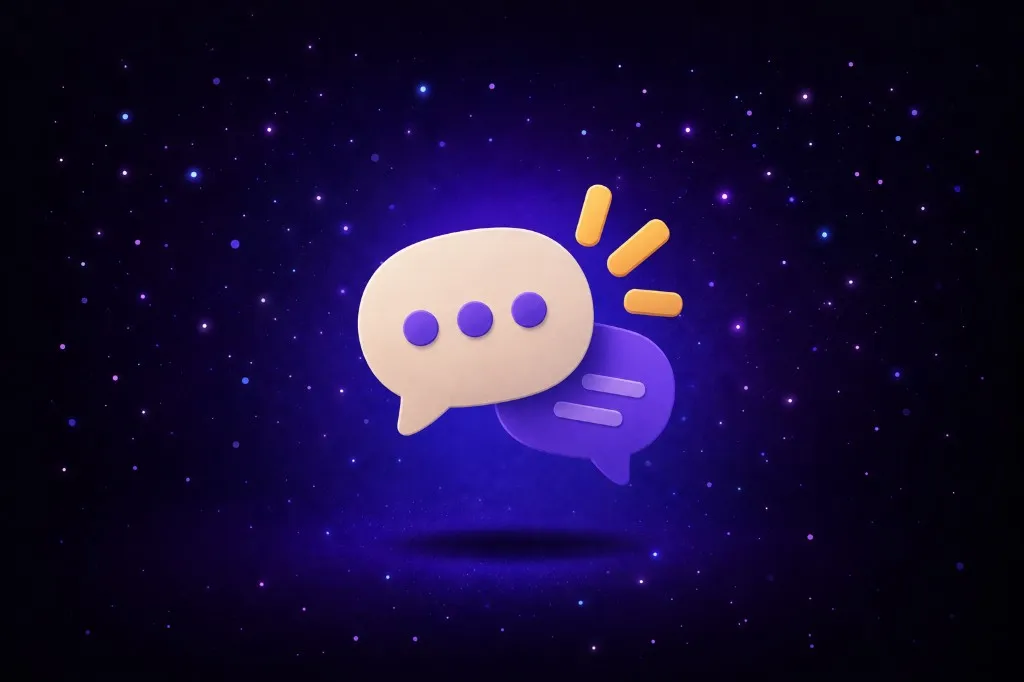 Cream and purple chat bubbles with yellow emphasis marks on a purple starry background