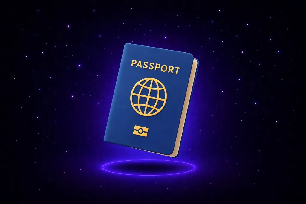 Dark blue passport with a gold globe emblem floating over a glowing purple ring