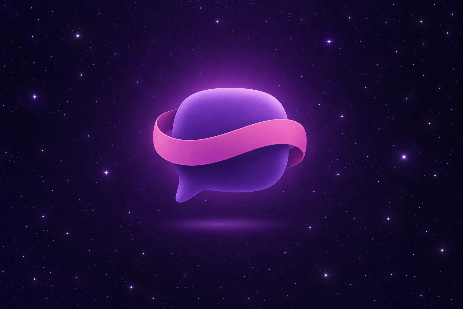 Purple speech bubble wrapped with a pink reply ribbon floating in starry purple space