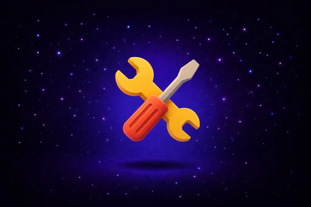 Yellow wrench crossed with an orange screwdriver on a purple starry background