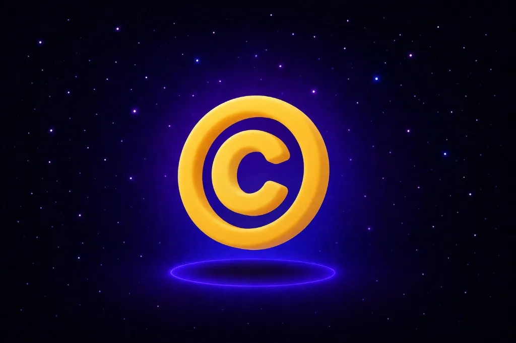 Bright yellow 3D copyright symbol floating over a glowing purple ring in starry space