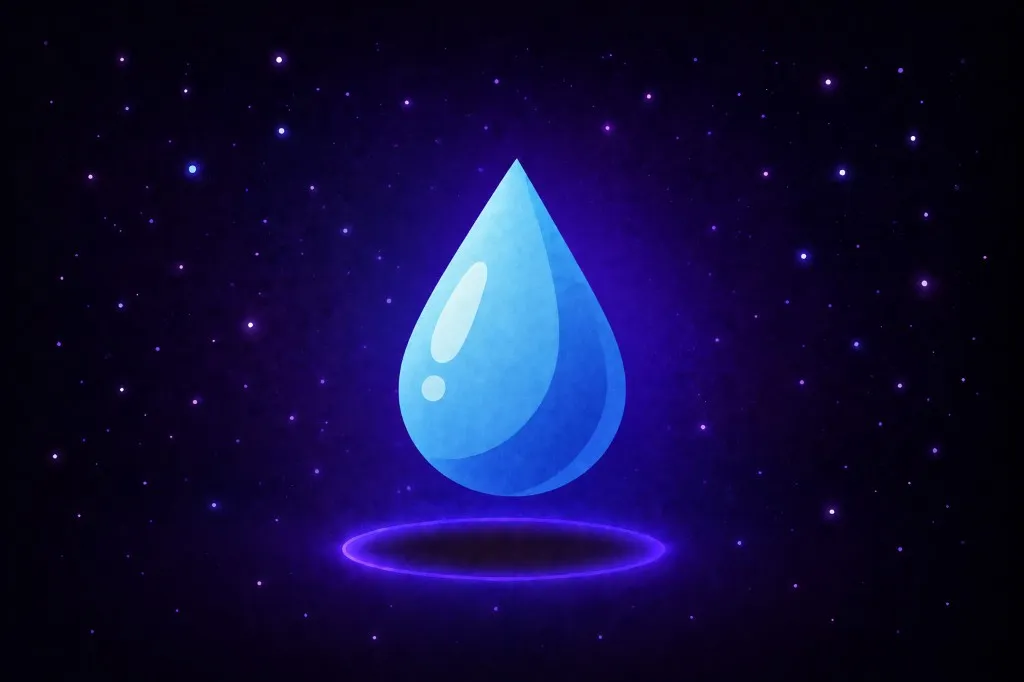 Bright blue water droplet floating over a glowing purple ring in starry space