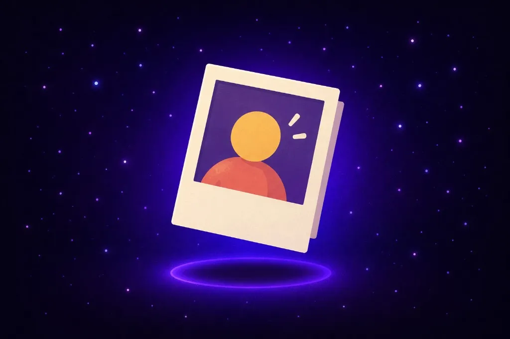 Polaroid photo of a yellow-headed red figure floating over a glowing purple ring in starry space