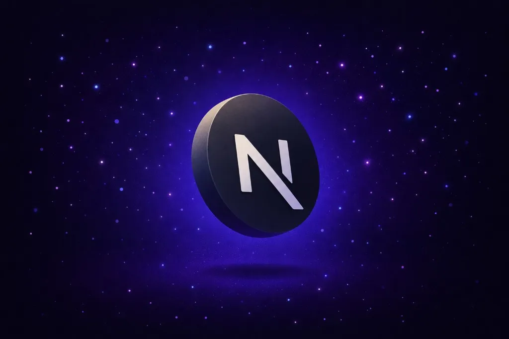Dark circular Next.js logo with a white N floating in purple starry space