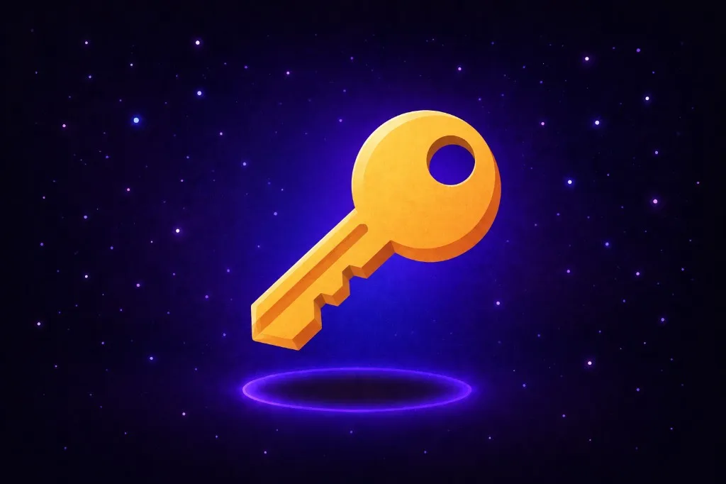 Gold 3D key floating over a glowing purple ring in starry space