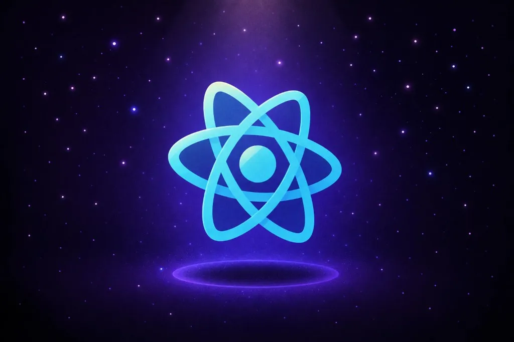 Glowing cyan React atom logo floating over a purple ring in starry space