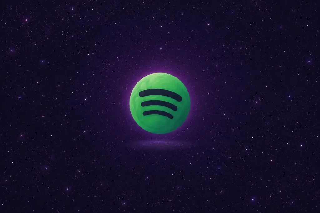 Green sphere with three black sound bars floating in purple starry space