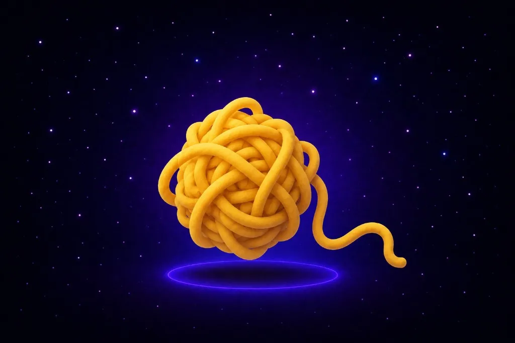 Bright yellow tangled knot floating over a glowing purple ring in starry space