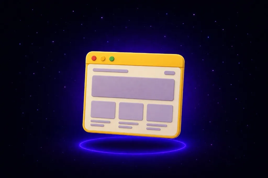 3D browser window with a yellow header and purple layout blocks floating over a glowing purple ring in starry space