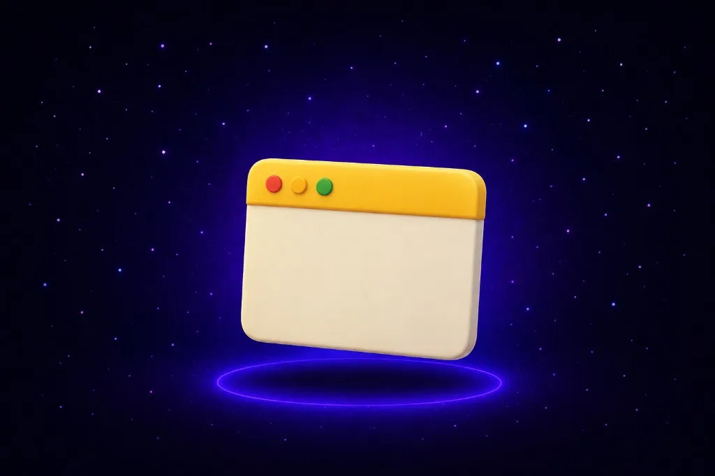 Minimalist 3D browser window with a yellow header hovering over a glowing purple ring in starry space