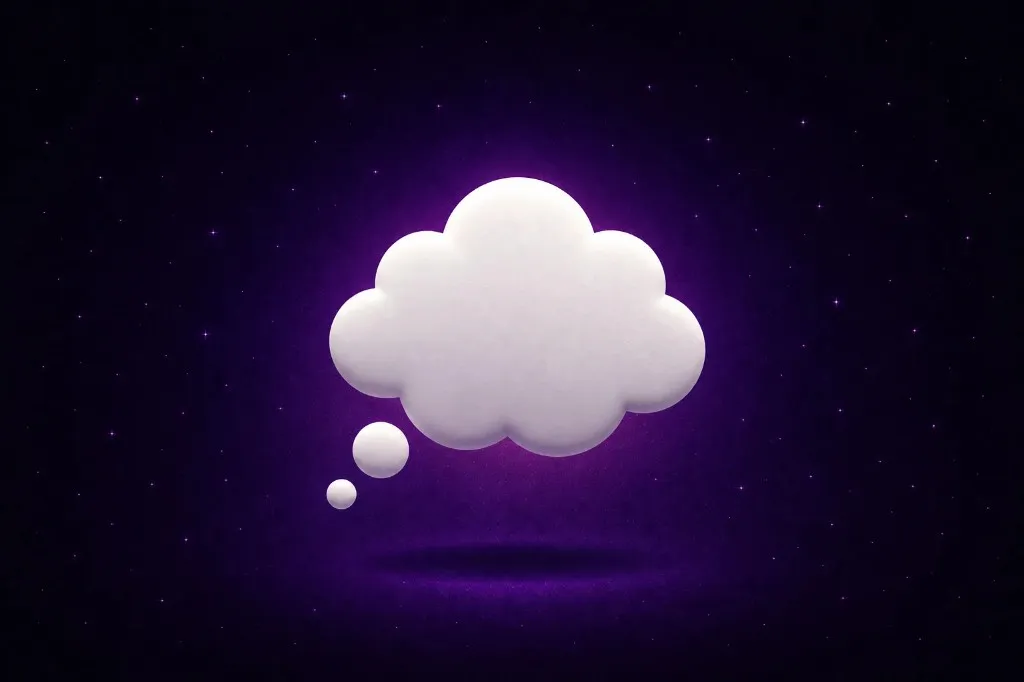 White 3D thought bubble floating in starry purple space