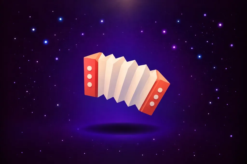 Red and cream paper accordion floating in starry purple space