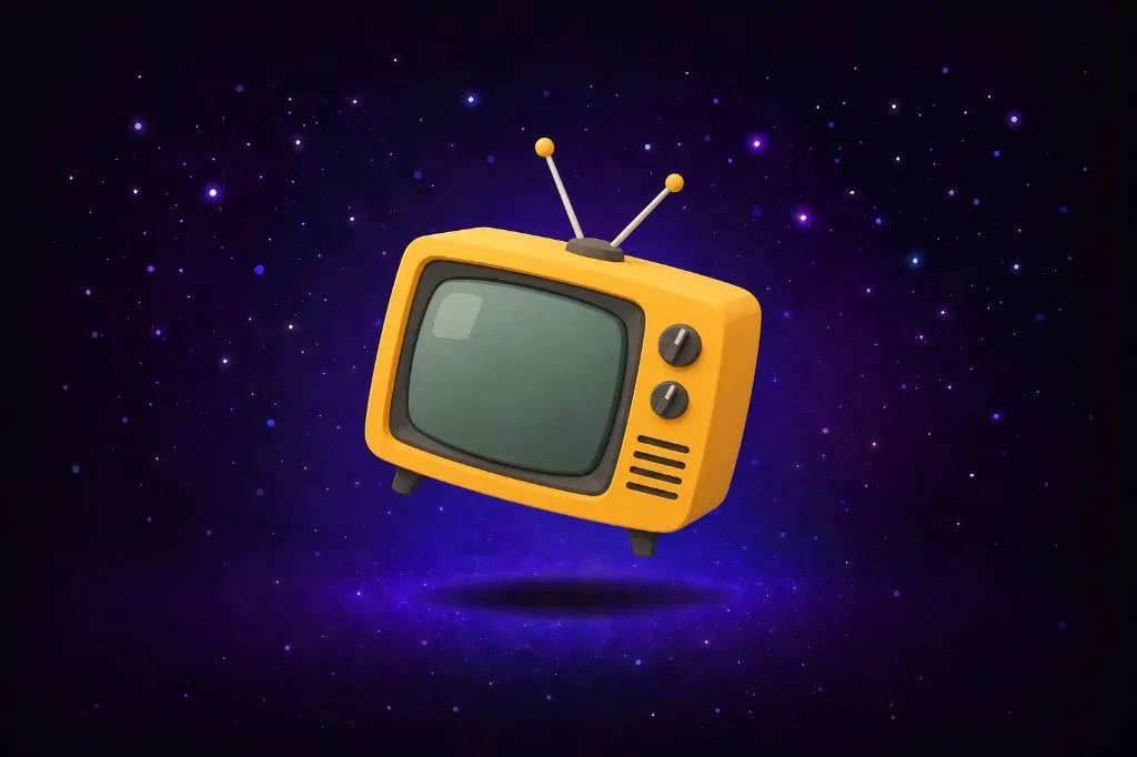 Yellow retro television floating in starry purple space