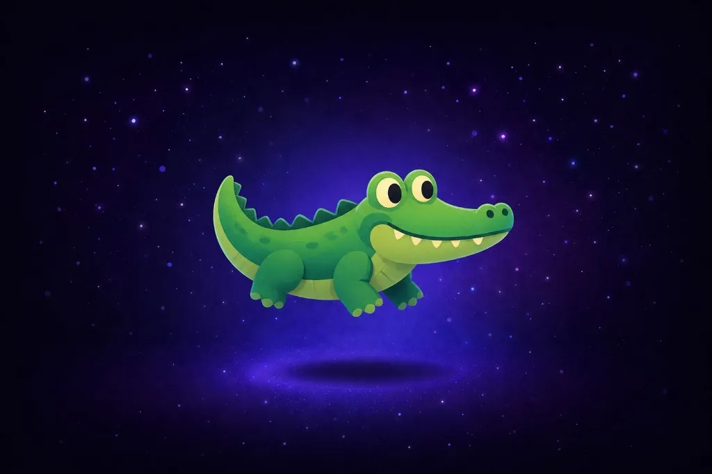 Green cartoon crocodile floating in starry purple space