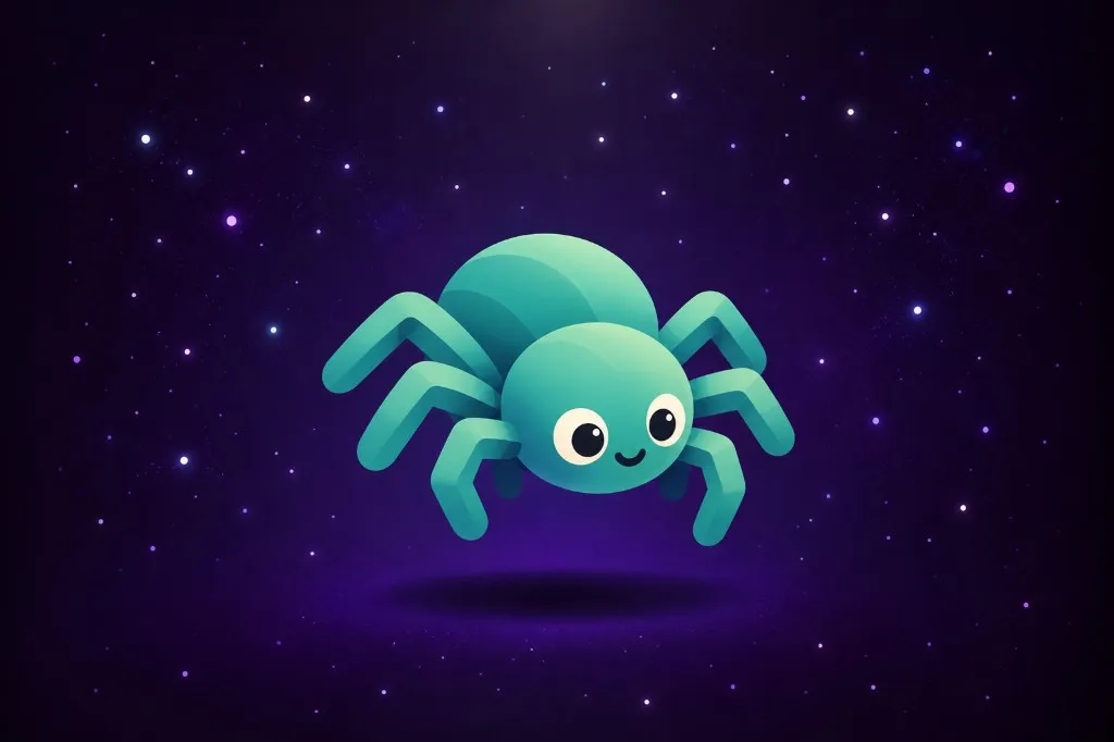 Smiling cartoon spider floating in a starry purple sky