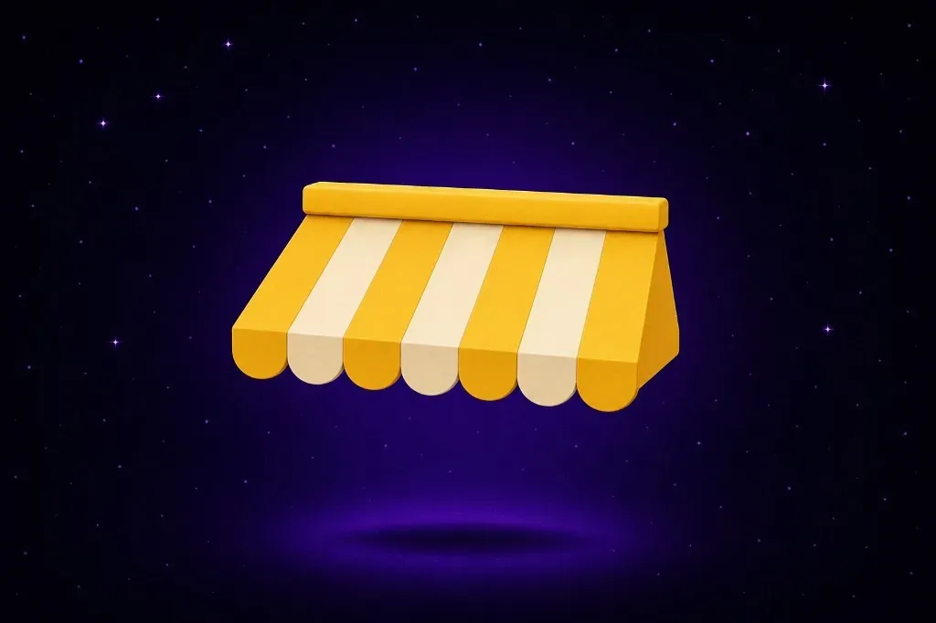 Yellow and cream striped shop awning floating in starry purple space