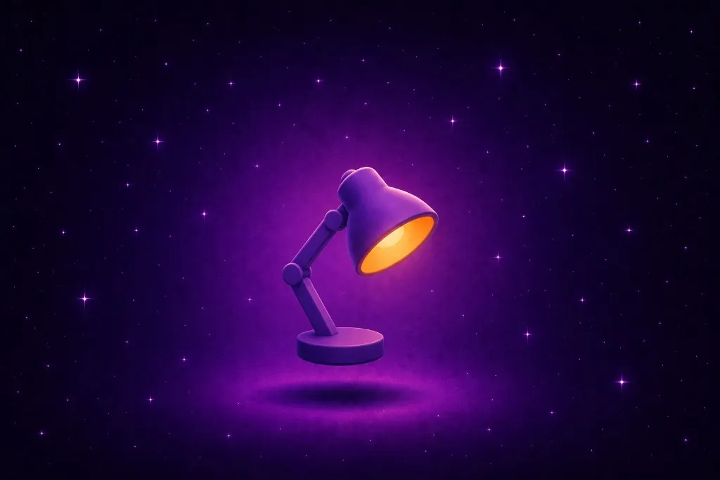 Purple desk lamp with a warm orange glow floating in starry purple space