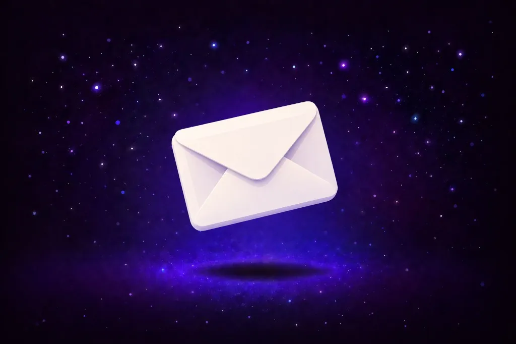 White envelope floating in starry purple space