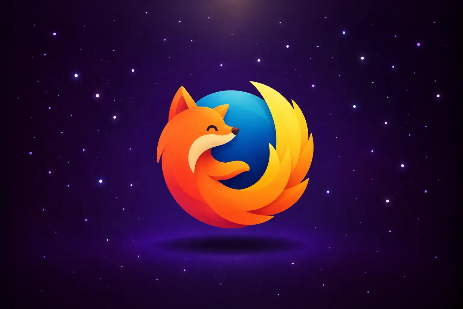 Firefox fox floating among stars in purple space