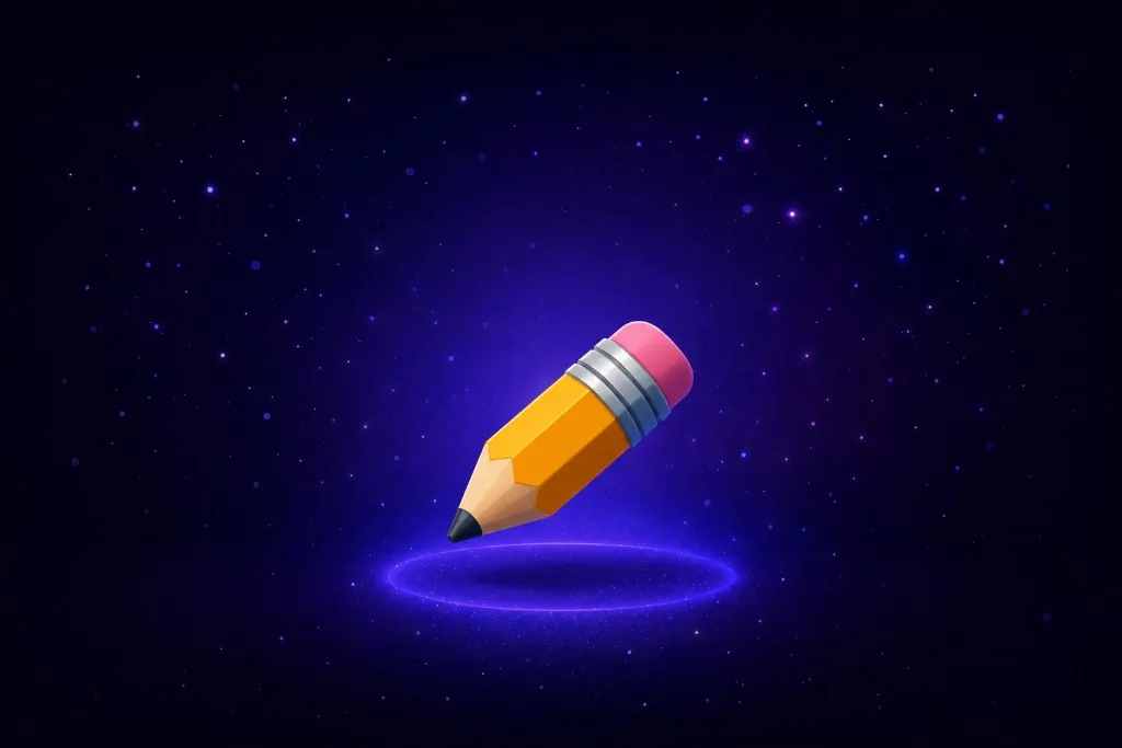 Yellow pencil with a pink eraser floating over a glowing purple ring in starry space