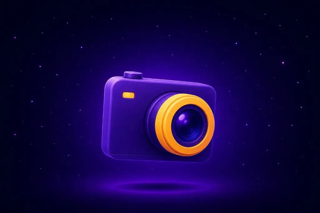 Purple camera with a yellow lens ring floating in starry purple space