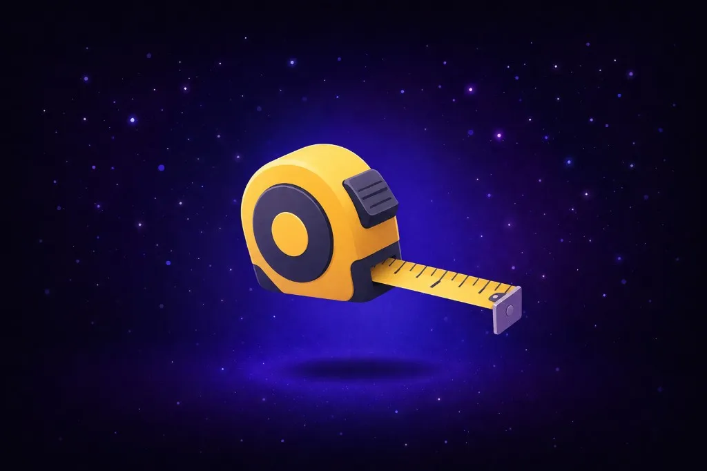 Yellow tape measure with the tape extended, floating in starry purple space