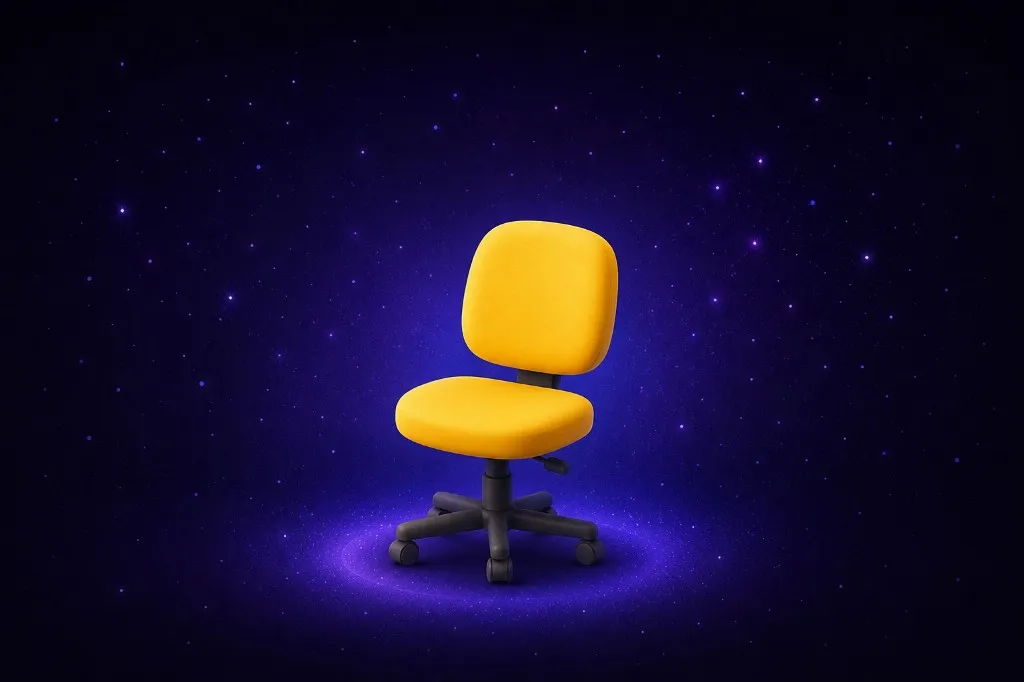 Yellow office chair floating in starry purple space
