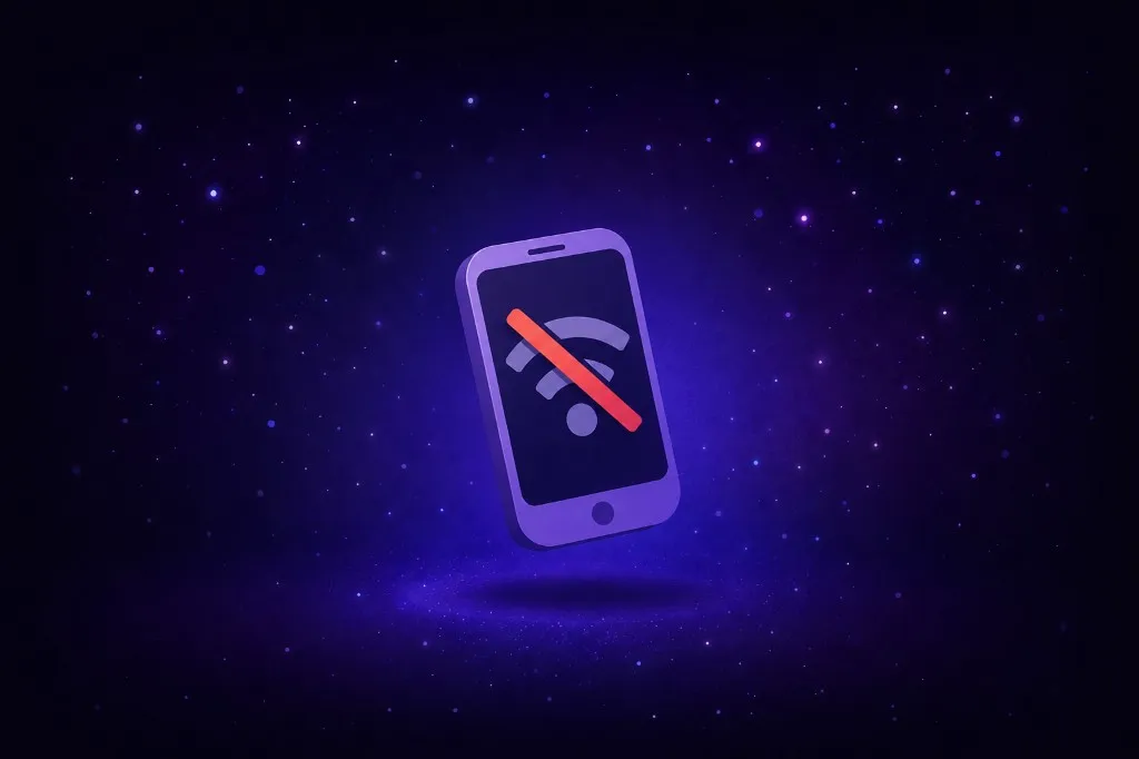 Purple smartphone with a red slash through a wifi icon, floating in starry purple space
