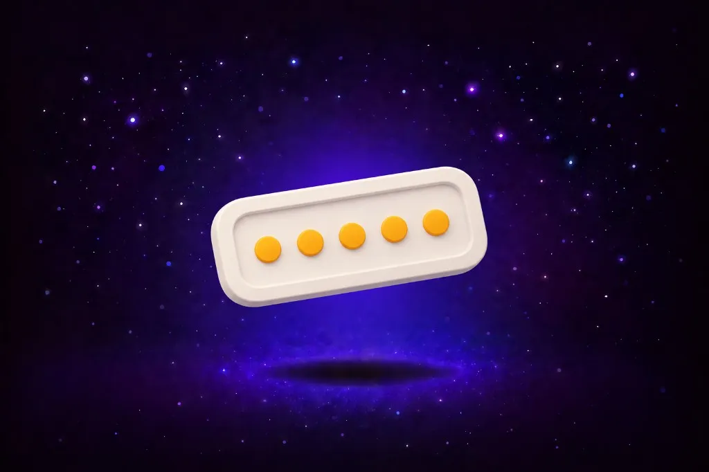 White password field with yellow dots floating in starry purple space