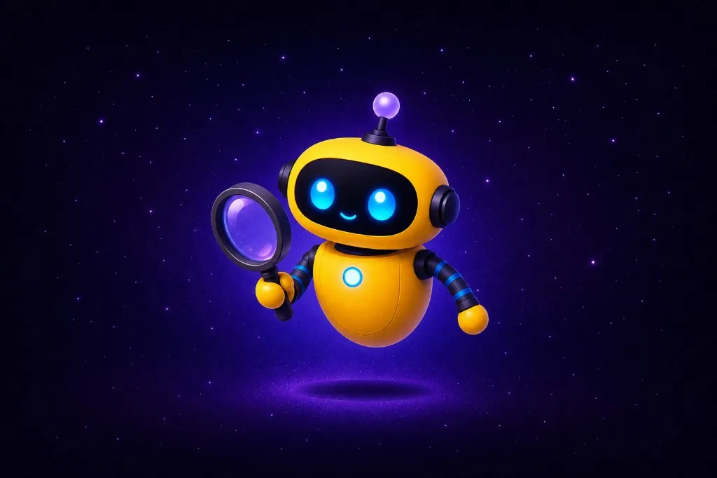 Yellow robot holding a magnifying glass in starry purple space