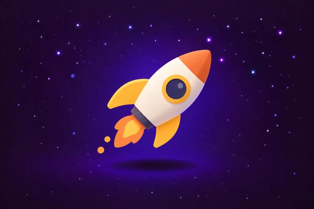 Cartoon rocket with an orange nose flying through a starry purple sky