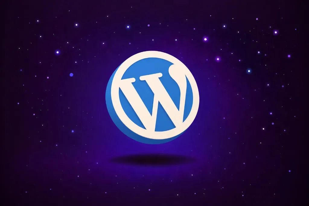 WordPress logo floating in starry purple space